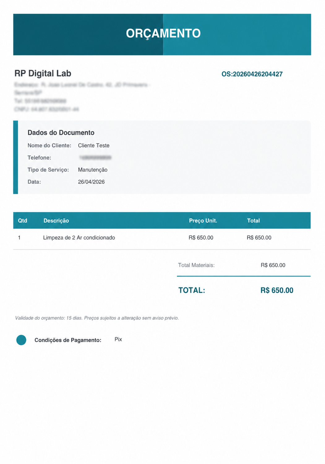 PDF de orçamento gerado automaticamente