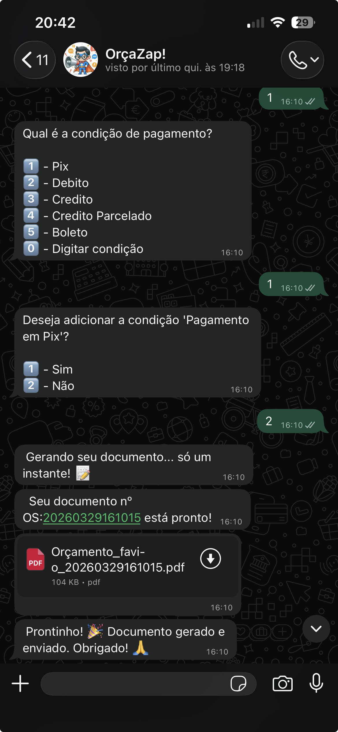 Conversa real no WhatsApp com o OrçaZap